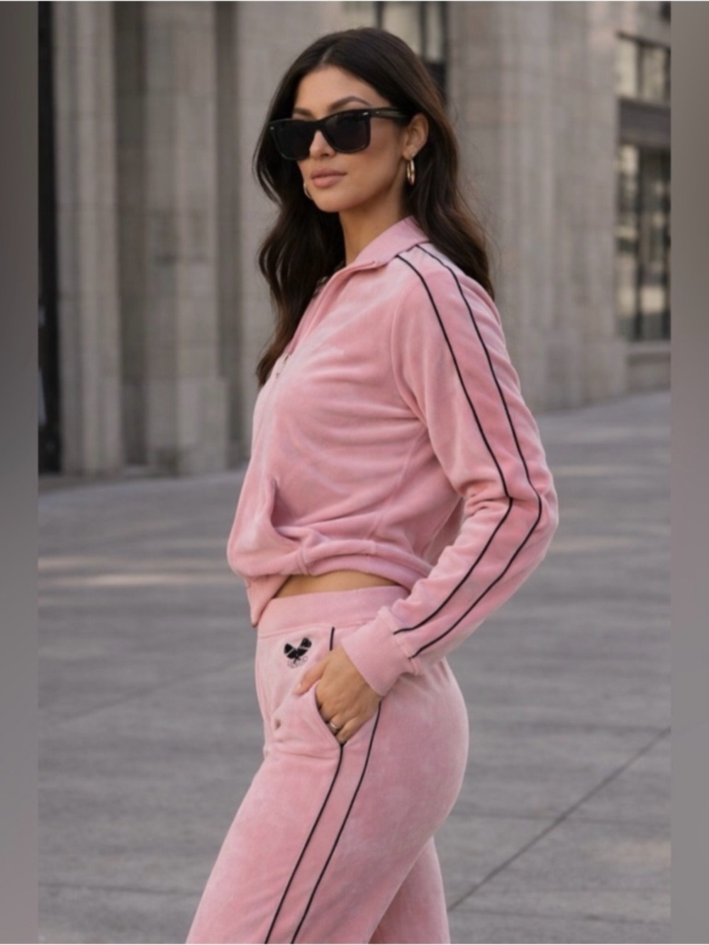 Juicy Couture Pink Velour Wide-Leg Track Pants with Blue Side Stripes - Picture 3 of 11
